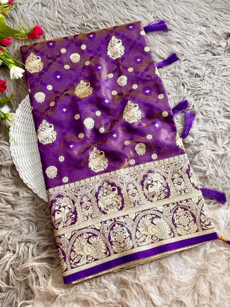 BANARASI GLASS SATIN TISSUE SILK FLORAL ZARI WEAVING SAREE