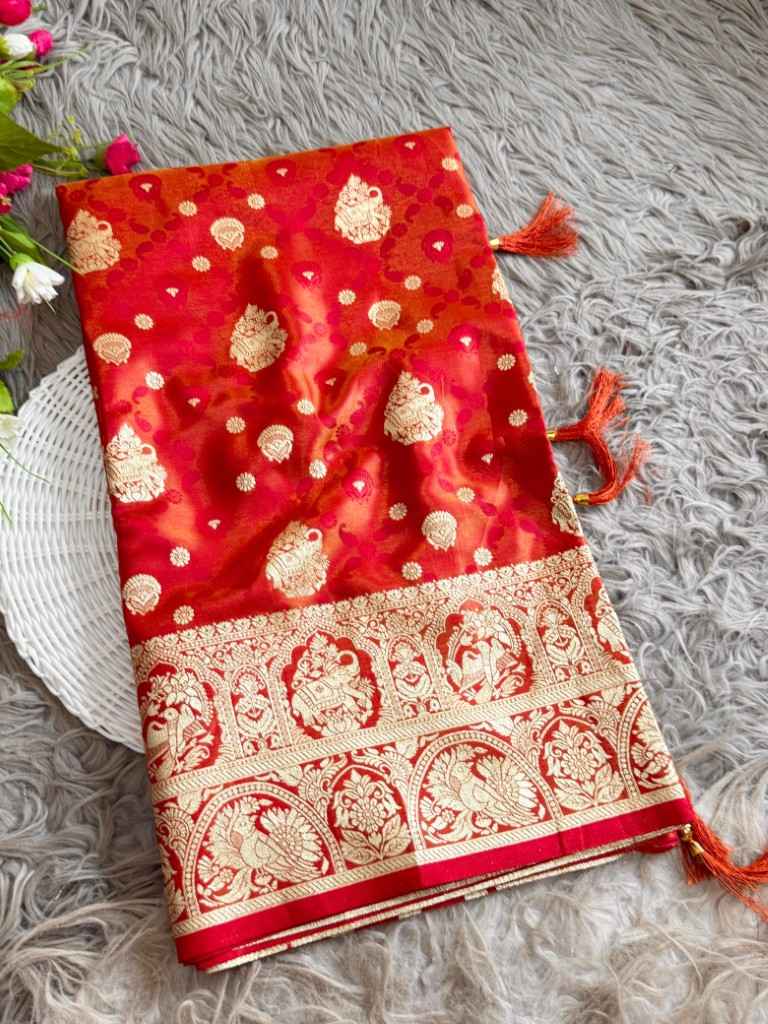 BANARASI GLASS SATIN TISSUE SILK FLORAL ZARI WEAVING SAREE