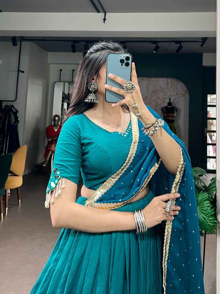 CHANDERI SILK MIRROR AND KODI WITH PEARL WORK NAVRATRI LEHENGA CHOLI 