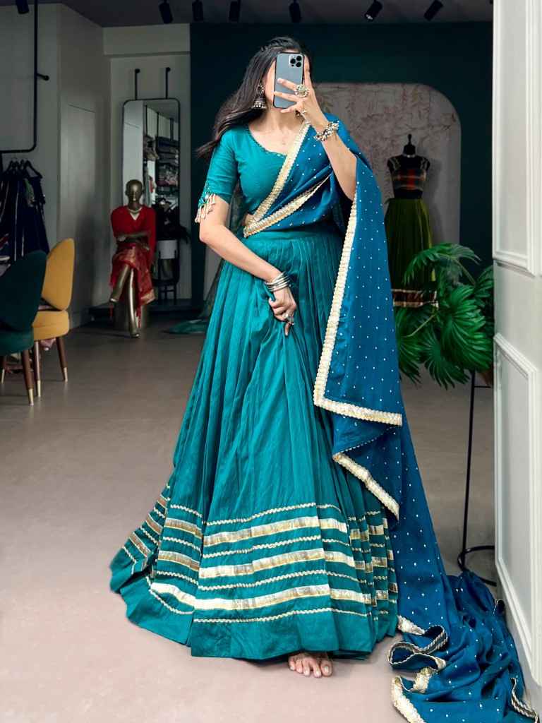 CHANDERI SILK MIRROR AND KODI WITH PEARL WORK NAVRATRI LEHENGA CHOLI 