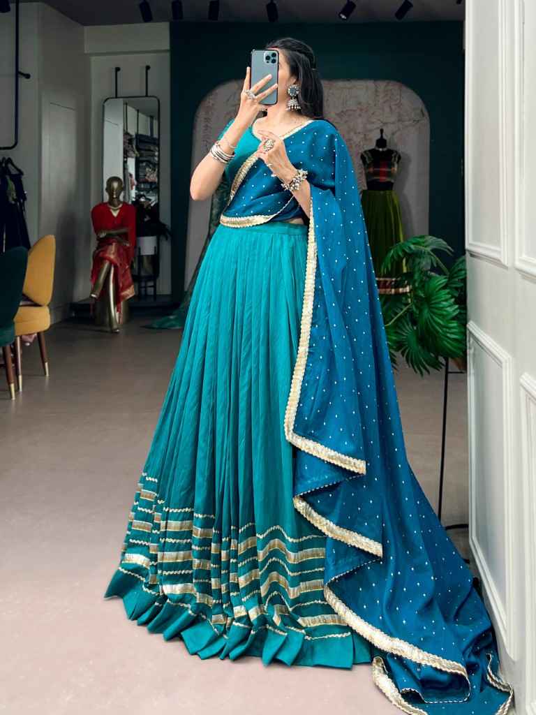 CHANDERI SILK MIRROR AND KODI WITH PEARL WORK NAVRATRI LEHENGA CHOLI 