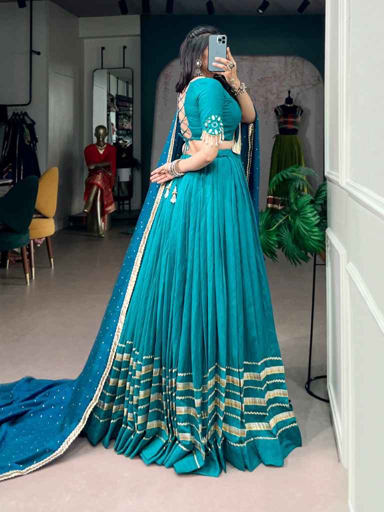 CHANDERI SILK MIRROR AND KODI WITH PEARL WORK NAVRATRI LEHENGA CHOLI 