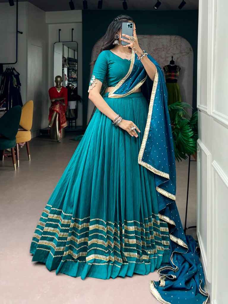 CHANDERI SILK MIRROR AND KODI WITH PEARL WORK NAVRATRI LEHENGA CHOLI 