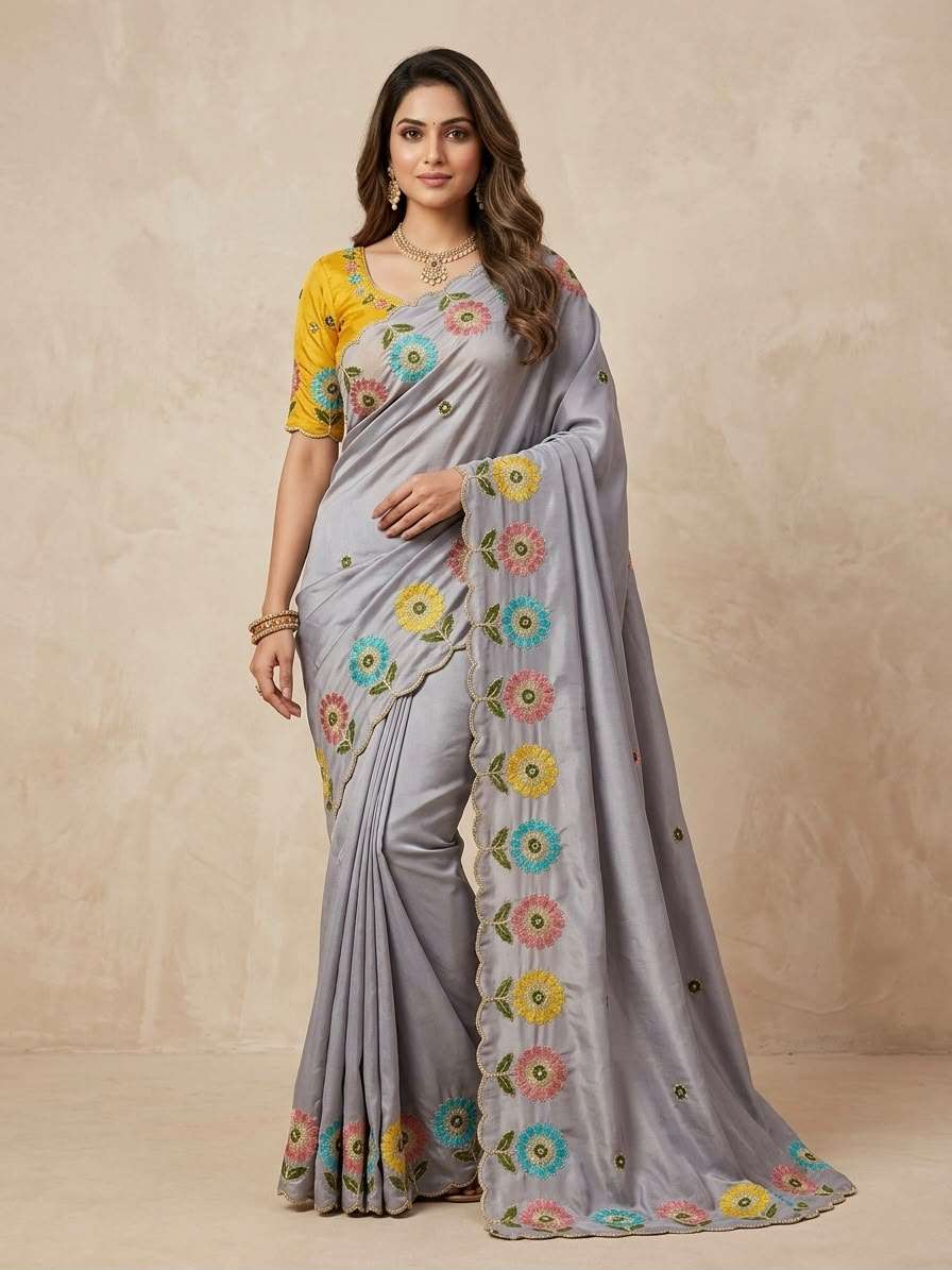CREPE SILK EMBROIDERY CUT WORK SAREE