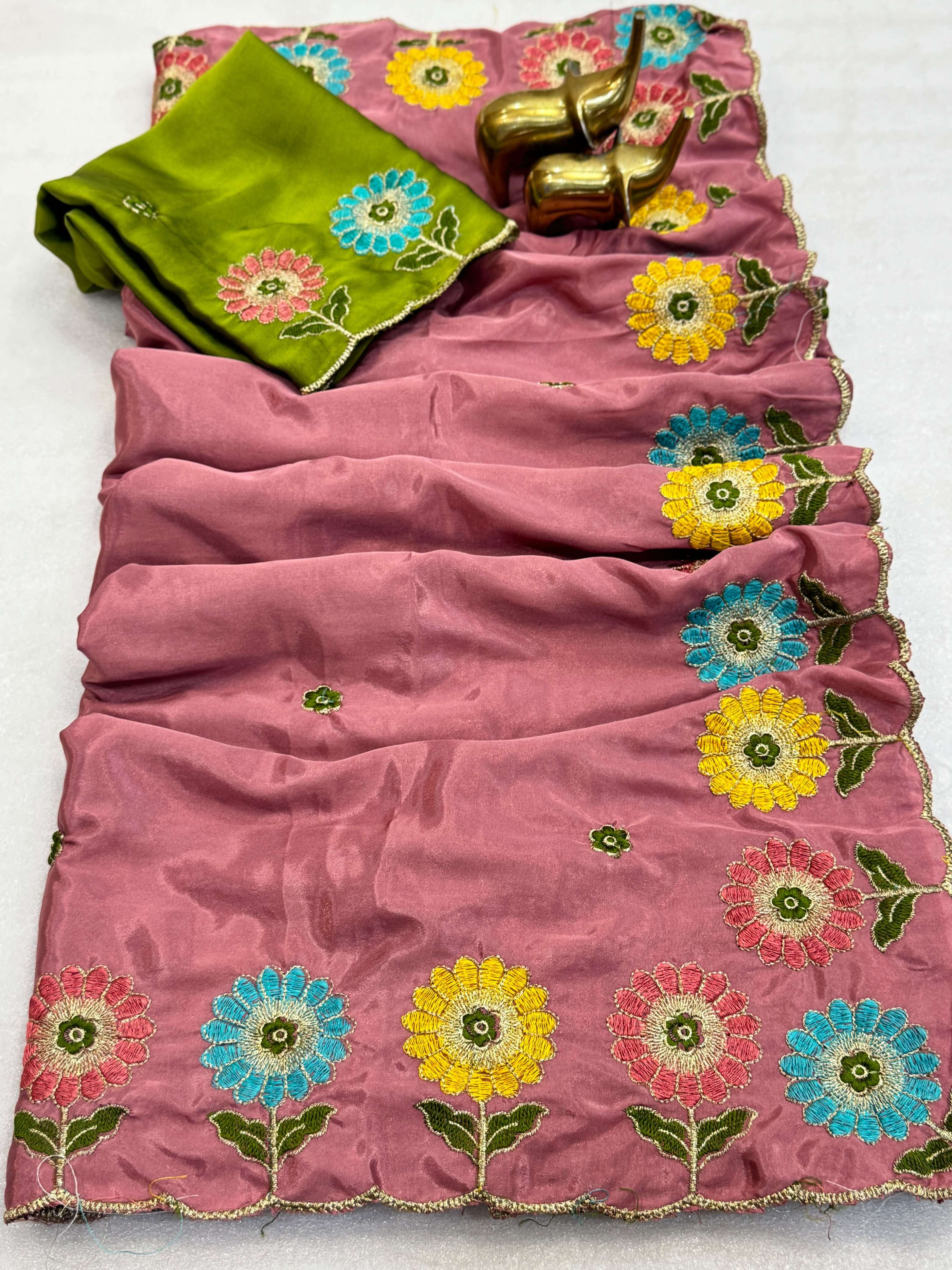 CREPE SILK EMBROIDERY CUT WORK SAREE