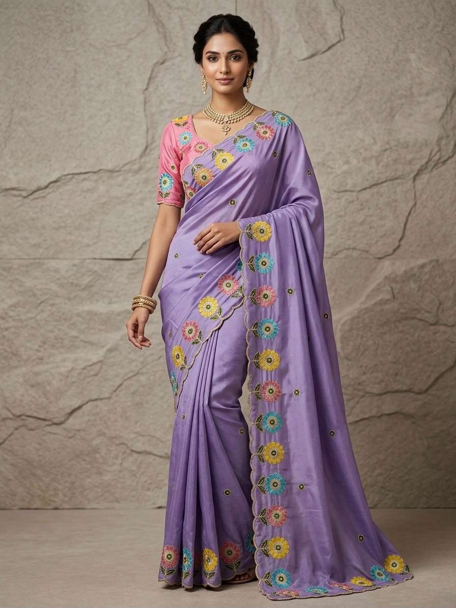 CREPE SILK EMBROIDERY CUT WORK SAREE