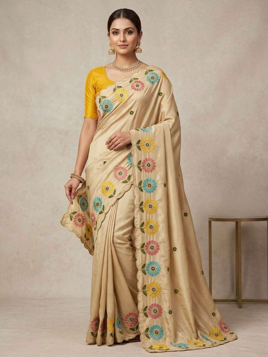CREPE SILK EMBROIDERY CUT WORK SAREE