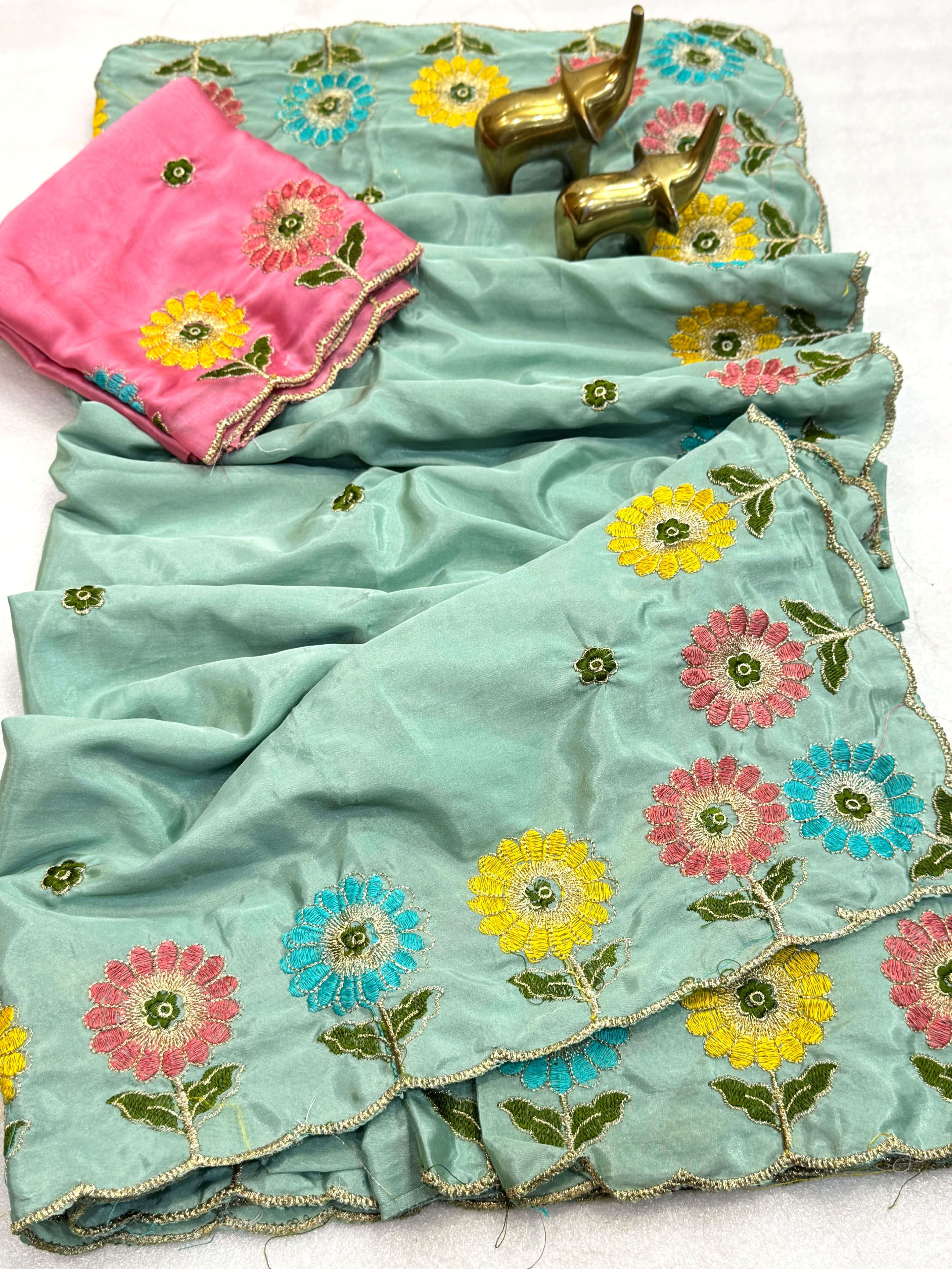 CREPE SILK EMBROIDERY CUT WORK SAREE