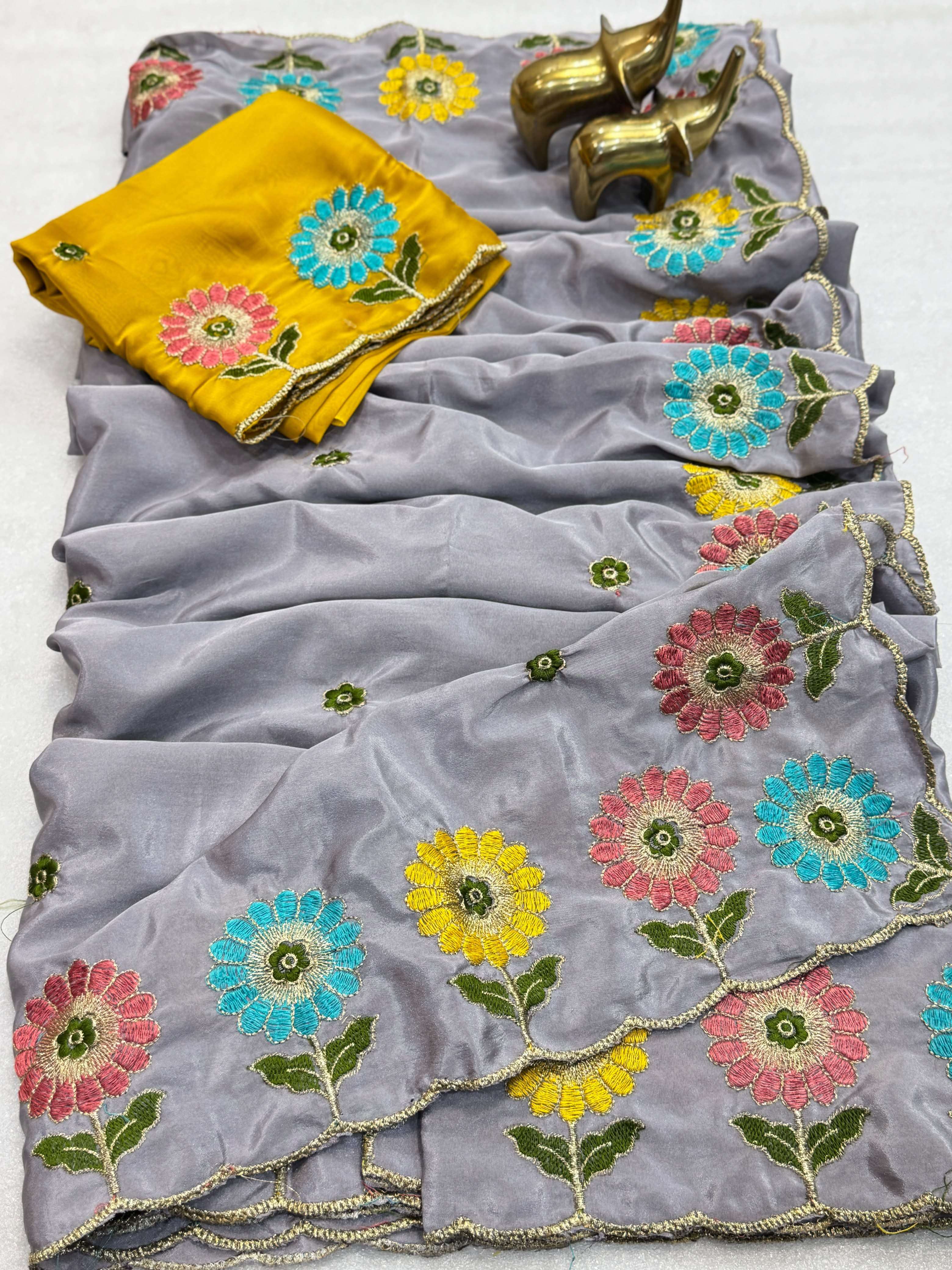 CREPE SILK EMBROIDERY CUT WORK SAREE