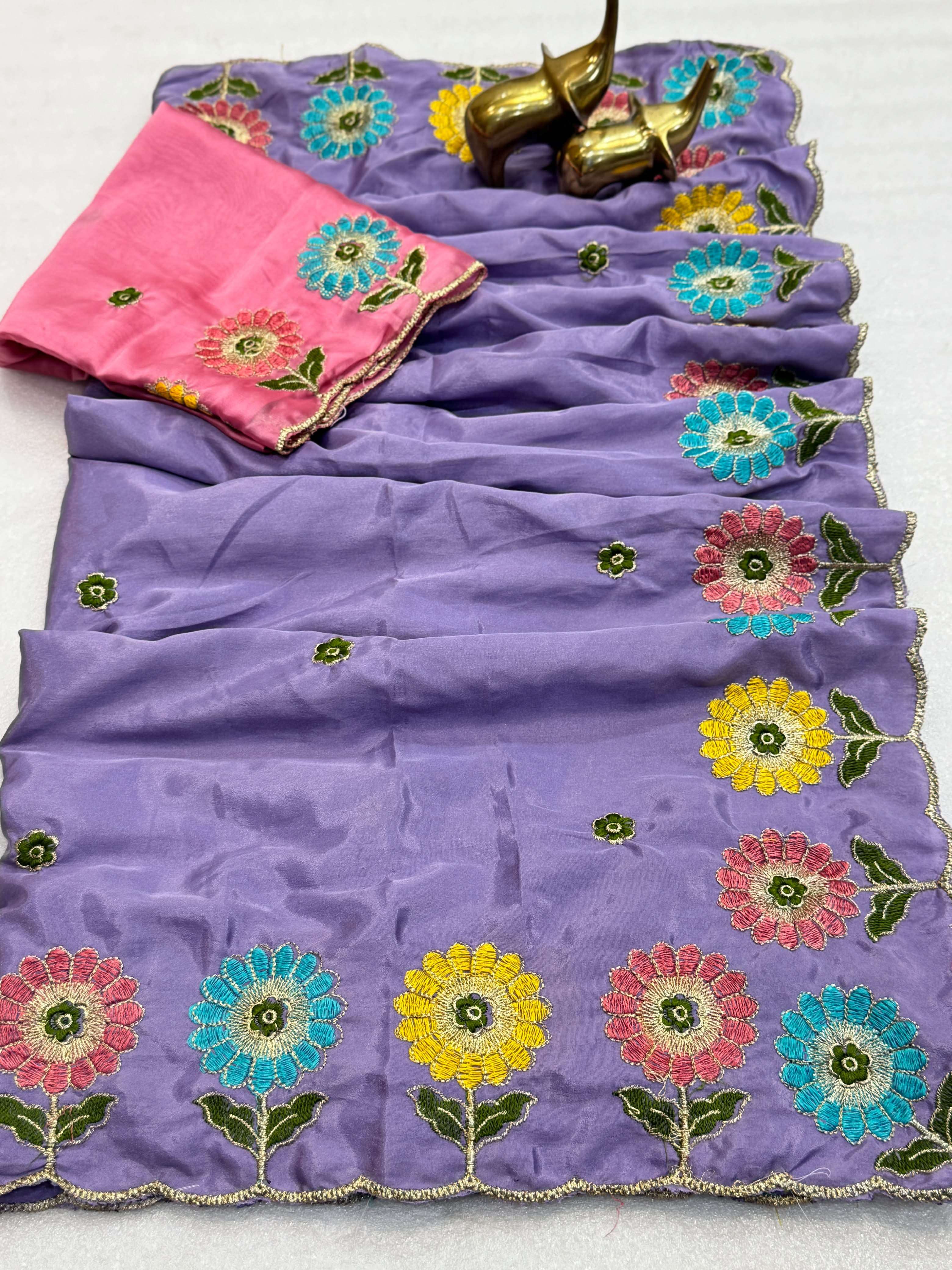 CREPE SILK EMBROIDERY CUT WORK SAREE