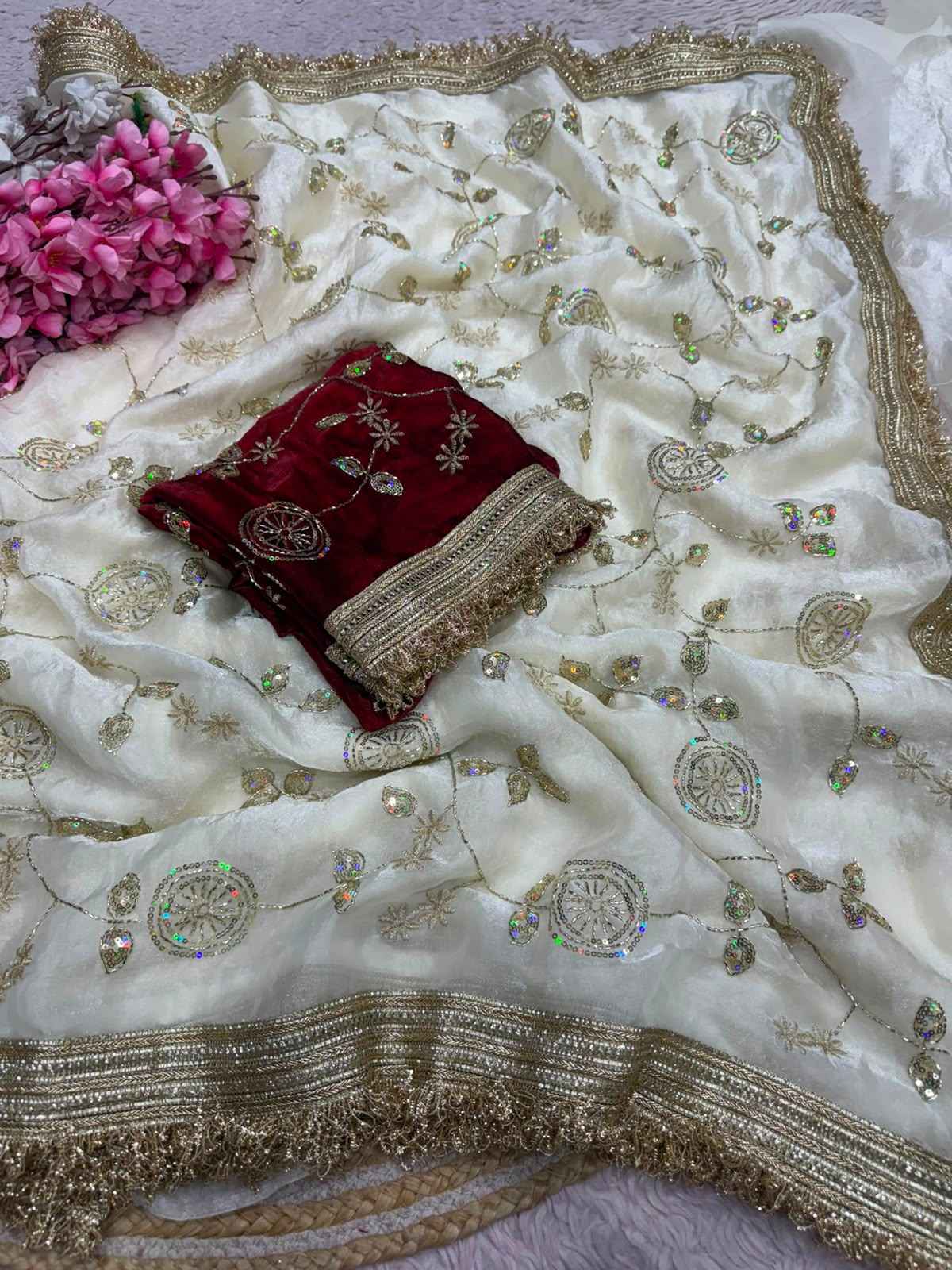 FANDY SATTIN BEEDS SEQUENCE WORK SAREE