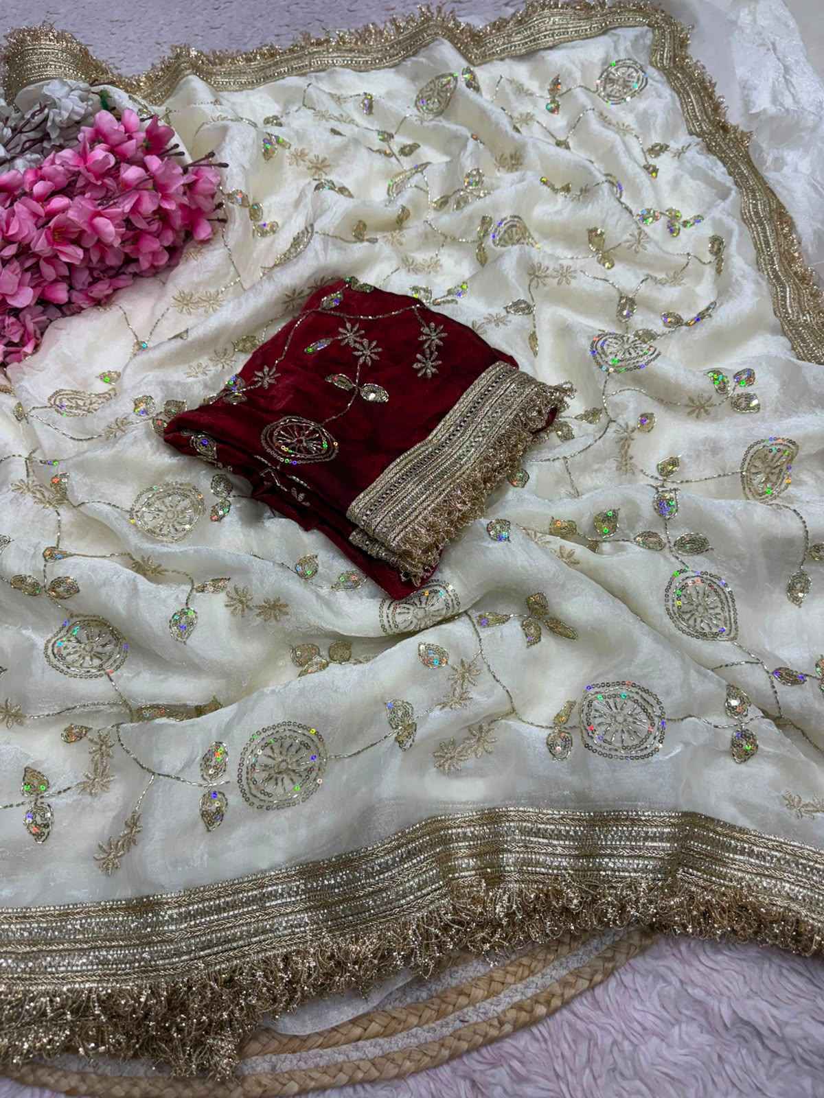 FANDY SATTIN BEEDS SEQUENCE WORK SAREE