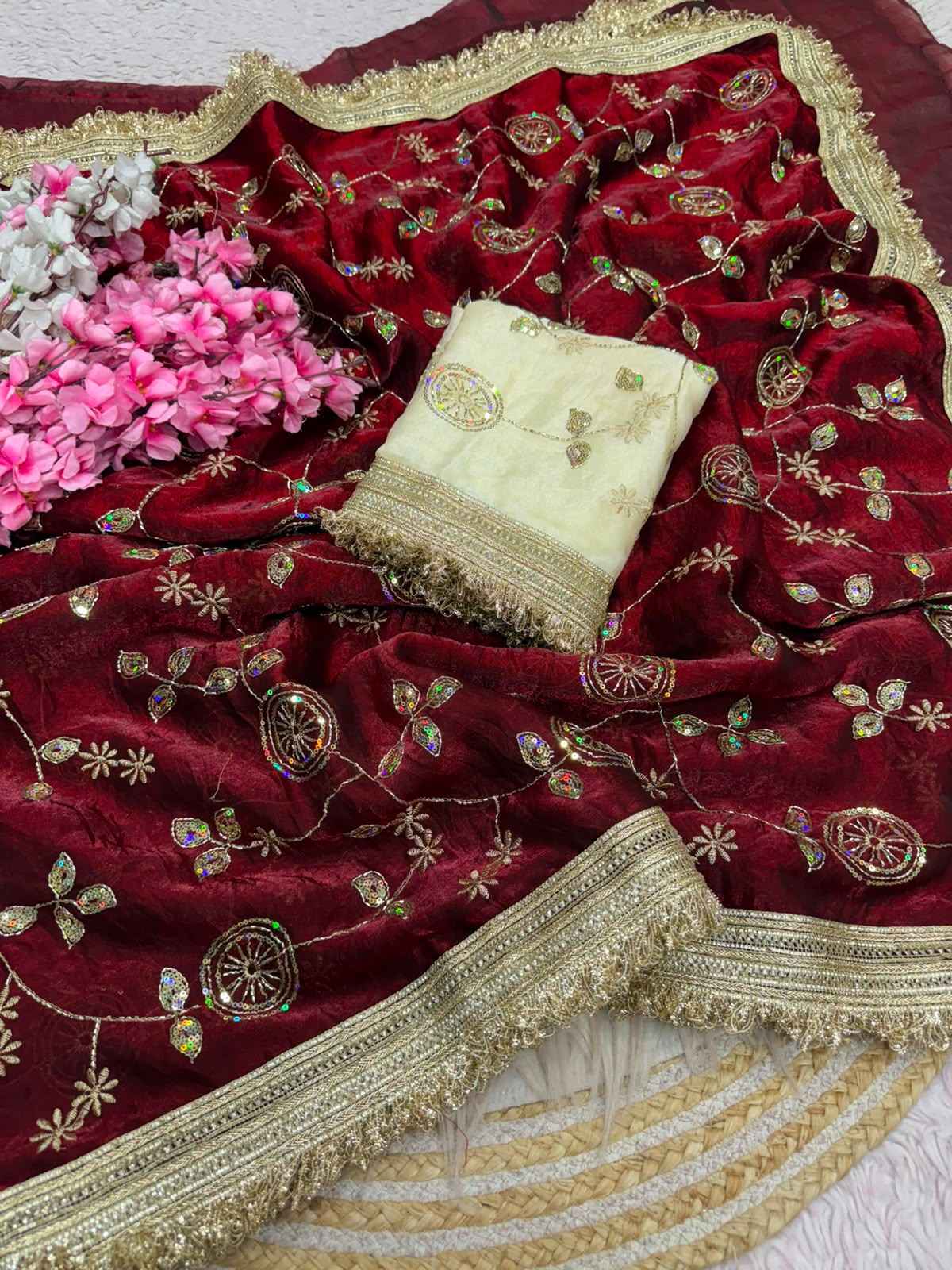 FANDY SATTIN BEEDS SEQUENCE WORK SAREE