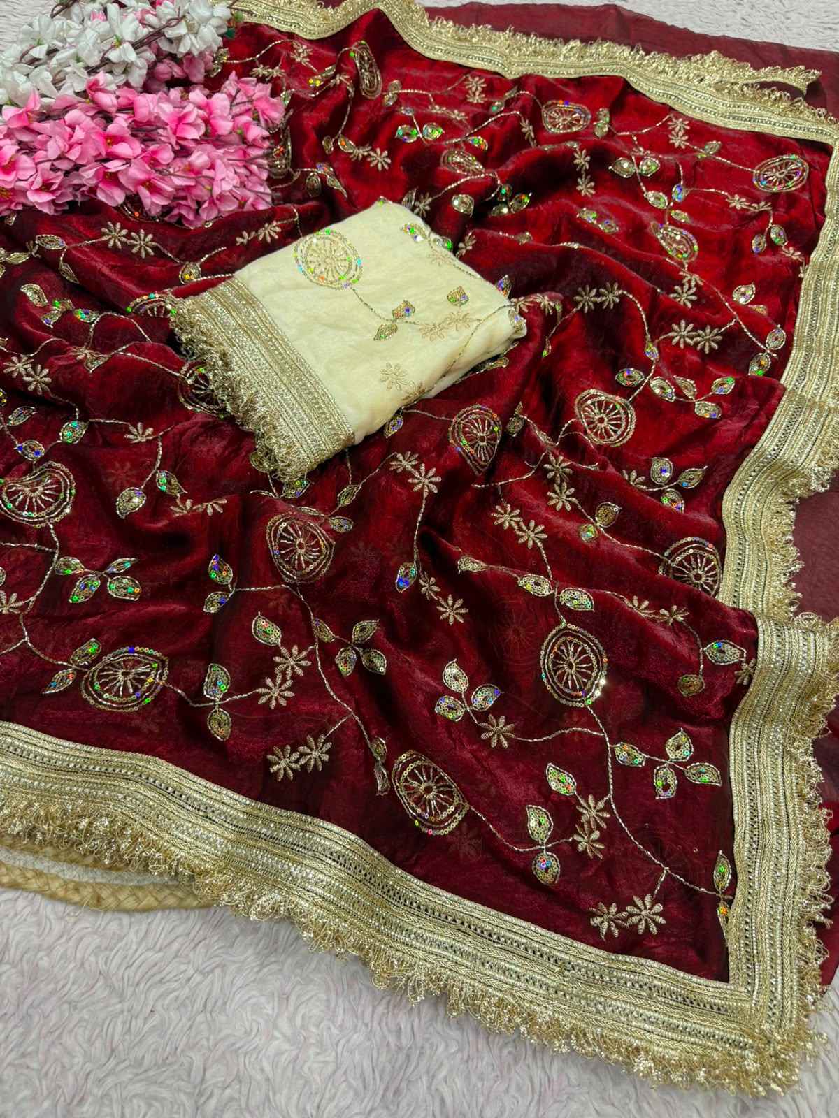 FANDY SATTIN BEEDS SEQUENCE WORK SAREE