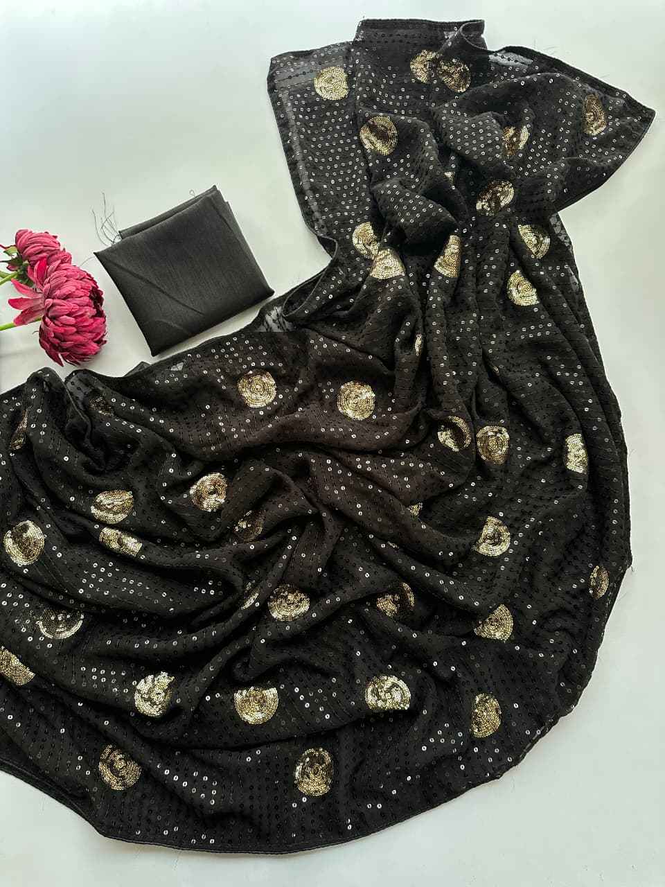 HEAVY FAUX GEORGETTE EMBROIDERY SEQUENCE WORK SAREE 