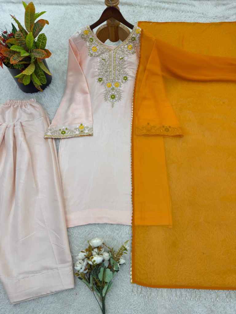 HEAVY SATIN GLASS EMBROIDERY THREAD WORK FARSHI READYMADE SUIT