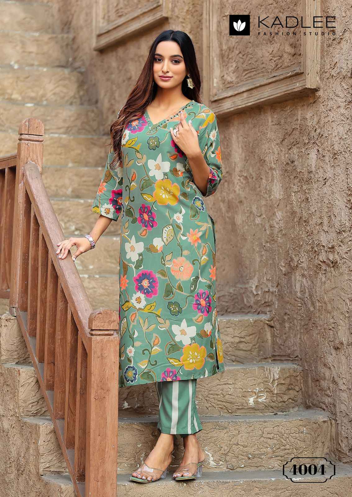 KADLEE RANGOLI HEAVY RAYON PRINT READYMADE KURTI WITH PANT