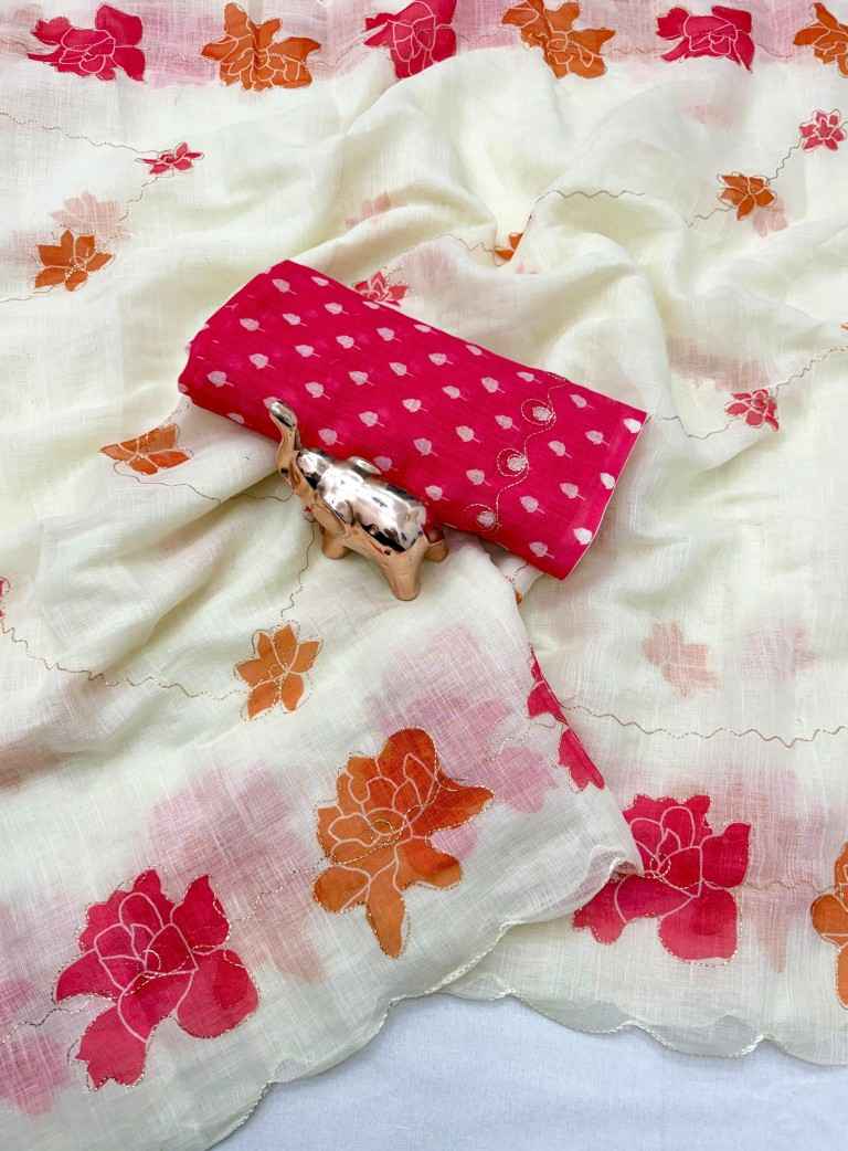 SOFT HEAVY LINEN COTTON DIGITAL PRINT AARI MIRROR WORK SAREE 
