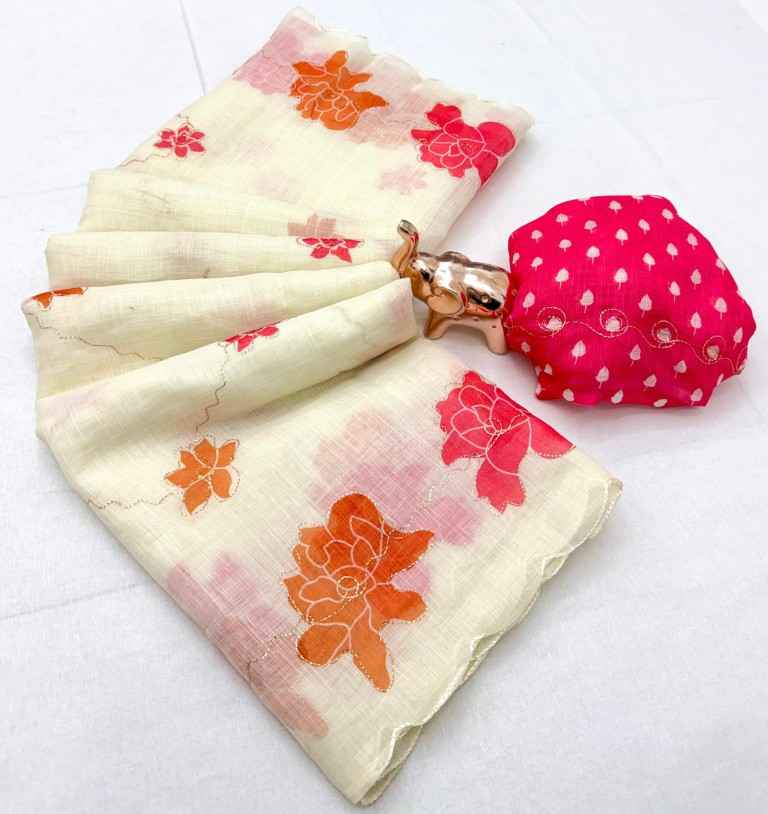 SOFT HEAVY LINEN COTTON DIGITAL PRINT AARI MIRROR WORK SAREE 