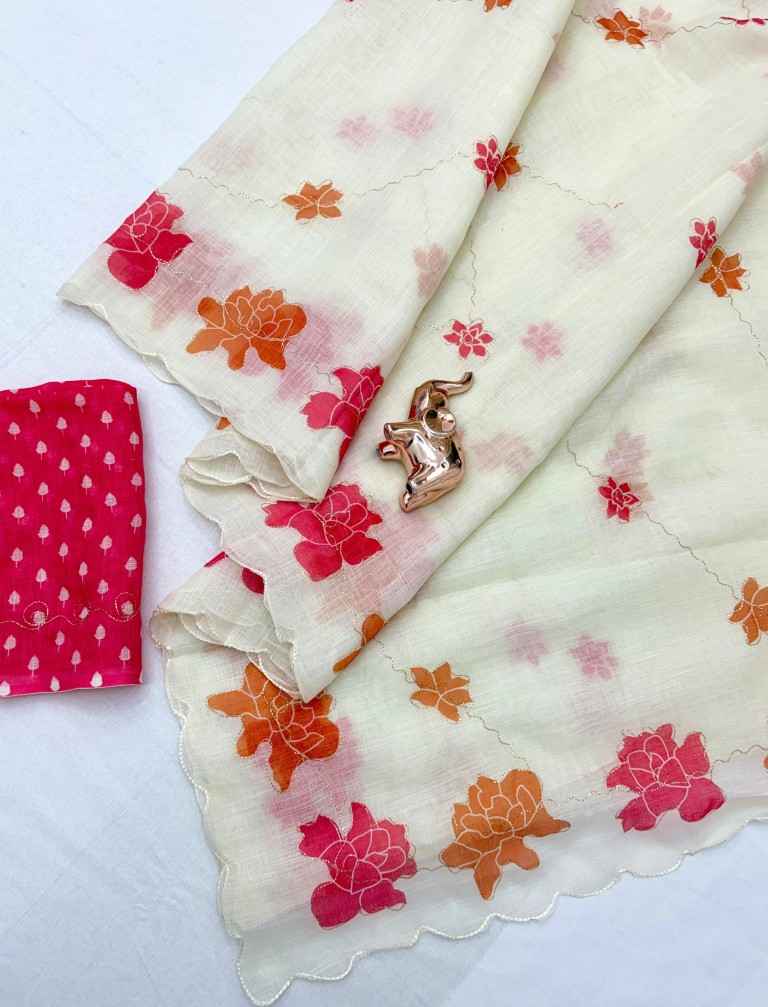 SOFT HEAVY LINEN COTTON DIGITAL PRINT AARI MIRROR WORK SAREE 