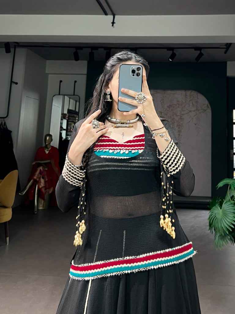 MARBLE DANGLING COWRIE BELL DETAILING NAVRATRI LEHENGA CHOLI 