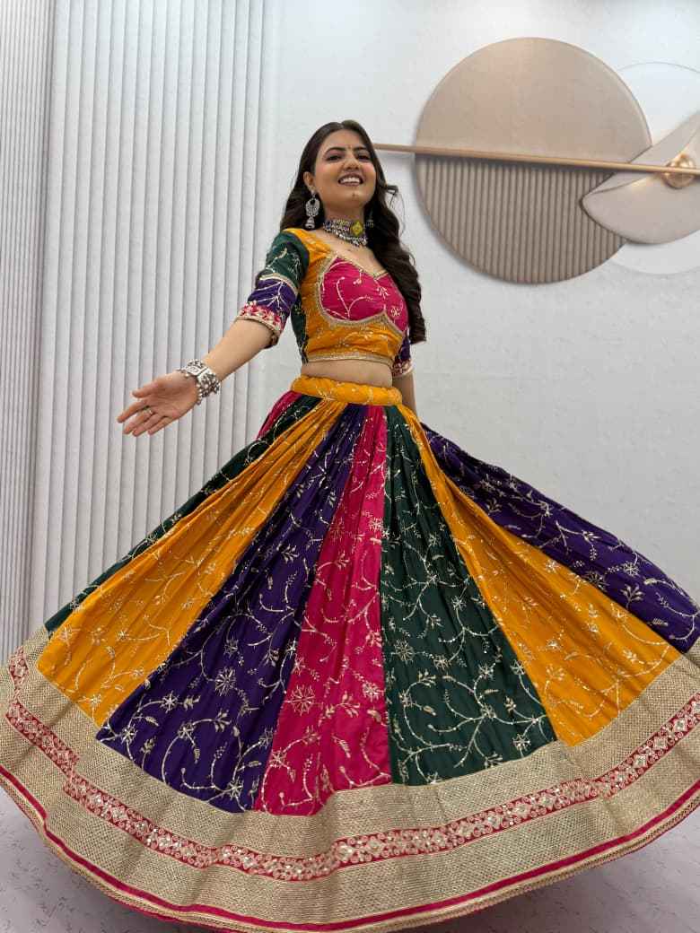 MILKI SILK THREAD EMBROIDERY AND SEQUENCE WORK NAVRATRI LEHENGA CHOLI 