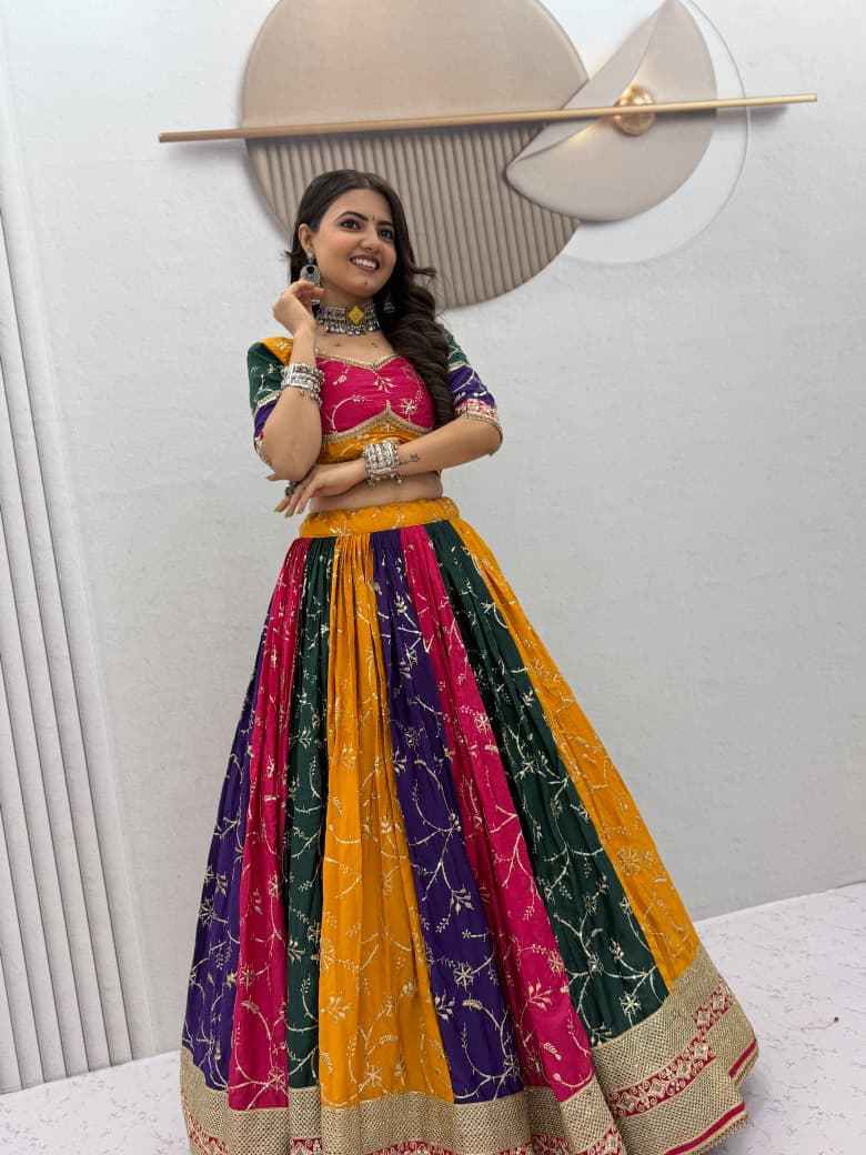 MILKI SILK THREAD EMBROIDERY AND SEQUENCE WORK NAVRATRI LEHENGA CHOLI 