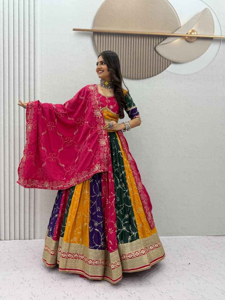 MILKI SILK THREAD EMBROIDERY AND SEQUENCE WORK NAVRATRI LEHENGA CHOLI 