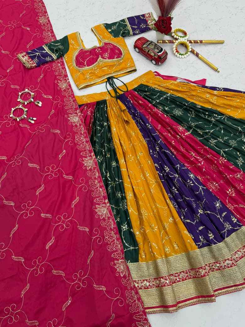 MILKI SILK THREAD EMBROIDERY AND SEQUENCE WORK NAVRATRI LEHENGA CHOLI 
