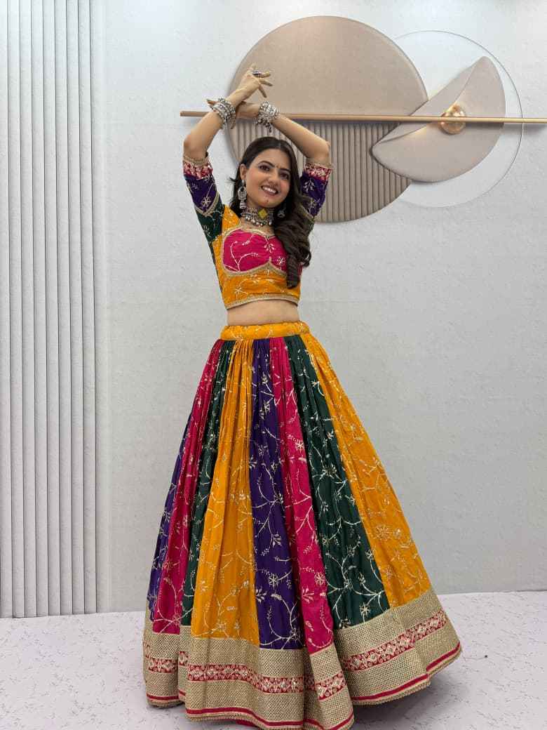 MILKI SILK THREAD EMBROIDERY AND SEQUENCE WORK NAVRATRI LEHENGA CHOLI 