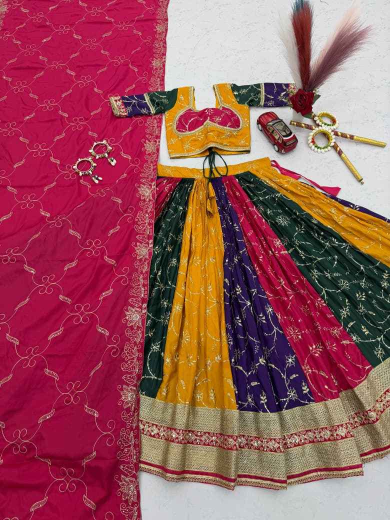 MILKI SILK THREAD EMBROIDERY AND SEQUENCE WORK NAVRATRI LEHENGA CHOLI 