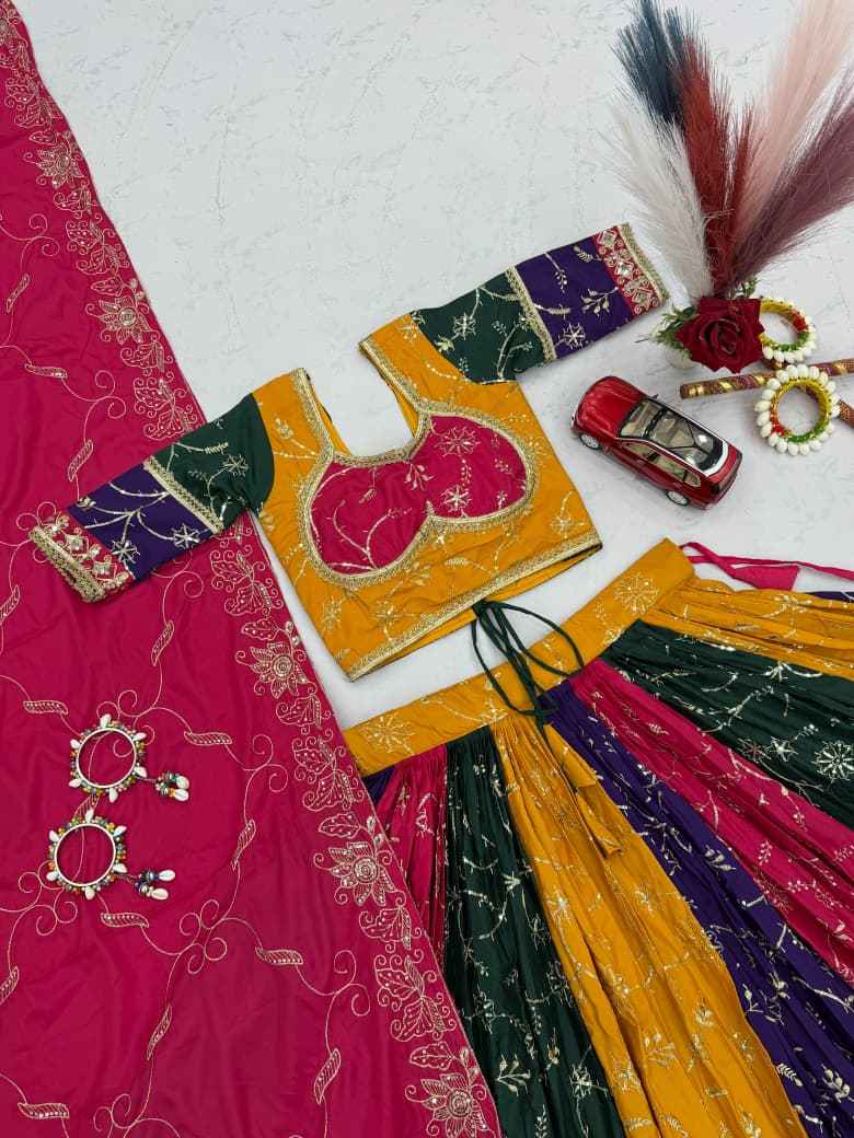 MILKI SILK THREAD EMBROIDERY AND SEQUENCE WORK NAVRATRI LEHENGA CHOLI 