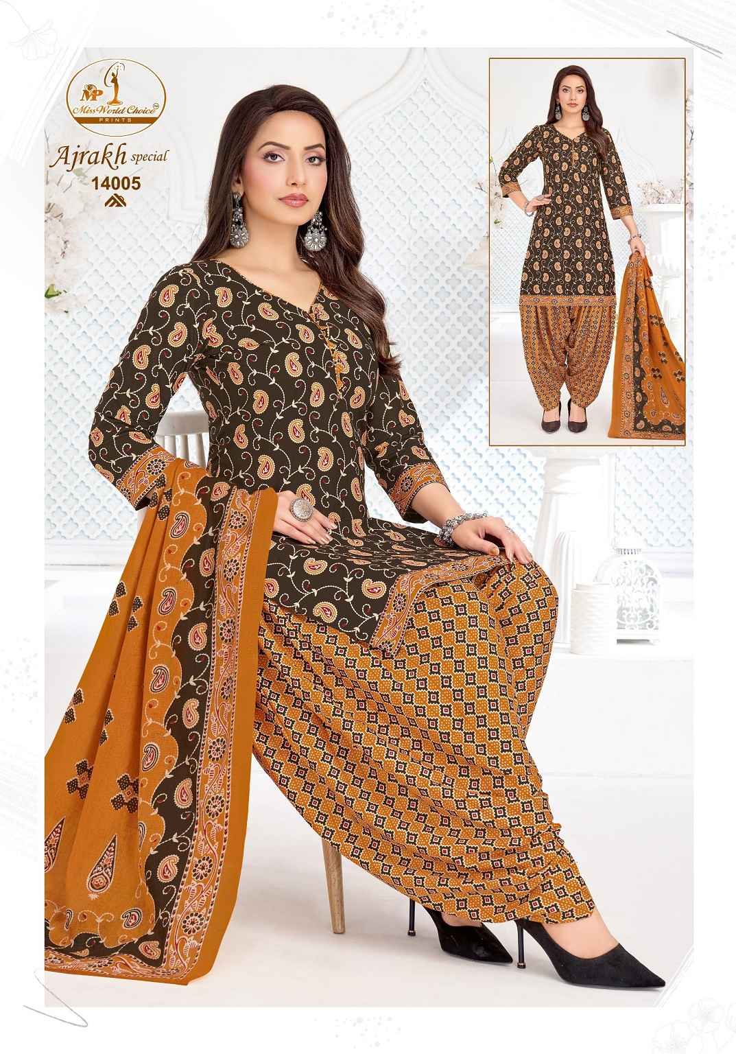 MISS WORLD AJRAKH SPECIAL VOL-14 PURE COTTON READYMADE PATIYALA DRESS 