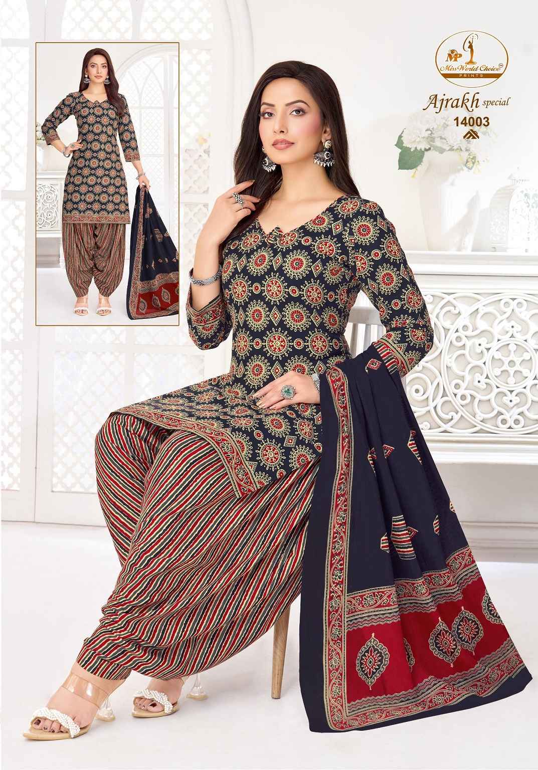MISS WORLD AJRAKH SPECIAL VOL-14 PURE COTTON READYMADE PATIYALA DRESS 