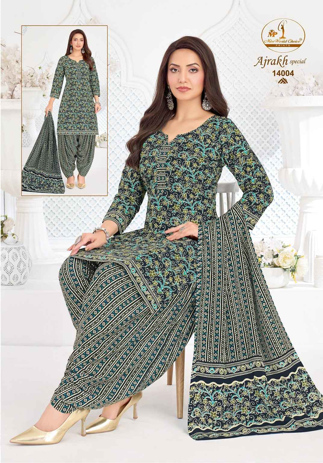 MISS WORLD AJRAKH SPECIAL VOL-14 PURE COTTON READYMADE PATIYALA DRESS 