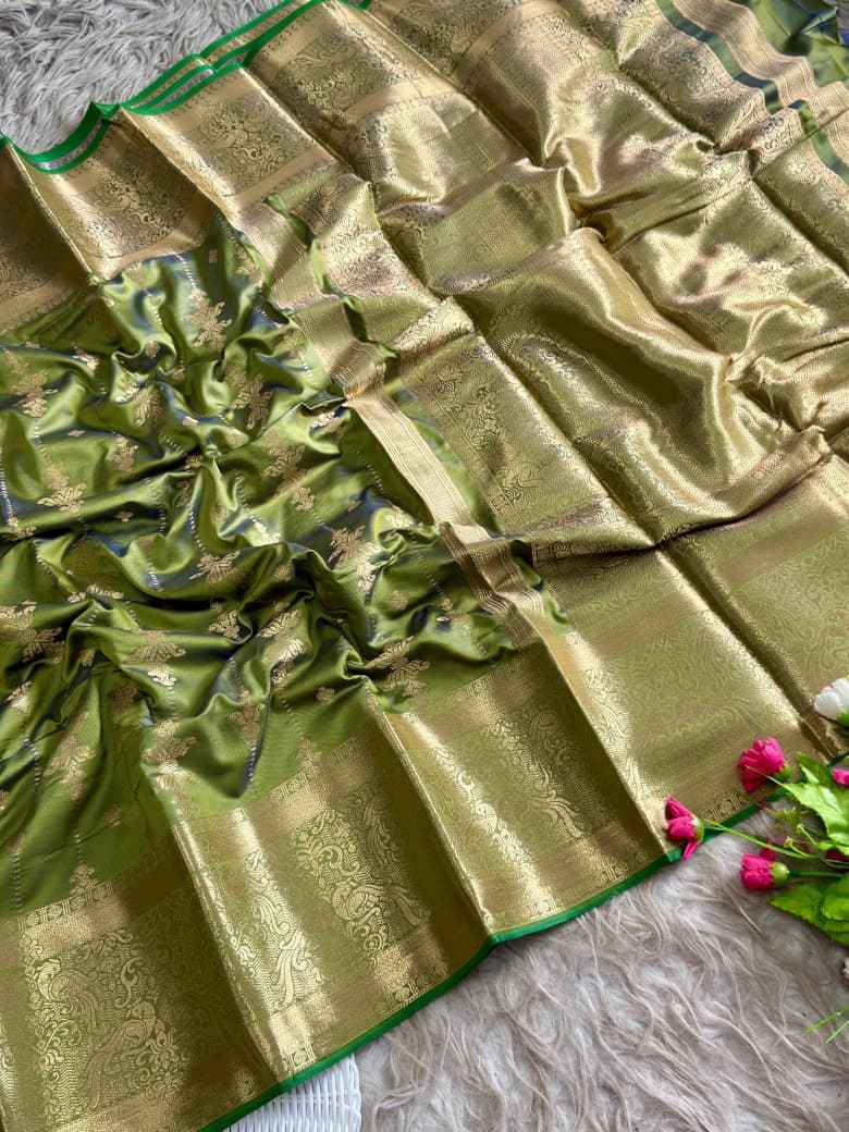 SOUTH INDIAN MUGA SILK GOLDEN ZARI WEAVING SAREE