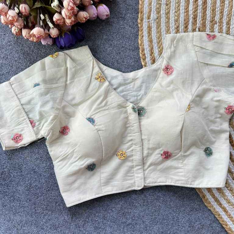 PURE CAMRIC COTTON THREAD SEQUENCE EMBROIDERY WORK READYMADE BLOUSE 