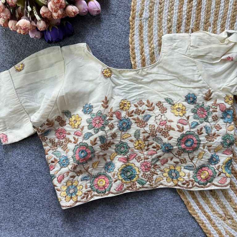PURE CAMRIC COTTON THREAD SEQUENCE EMBROIDERY WORK READYMADE BLOUSE 