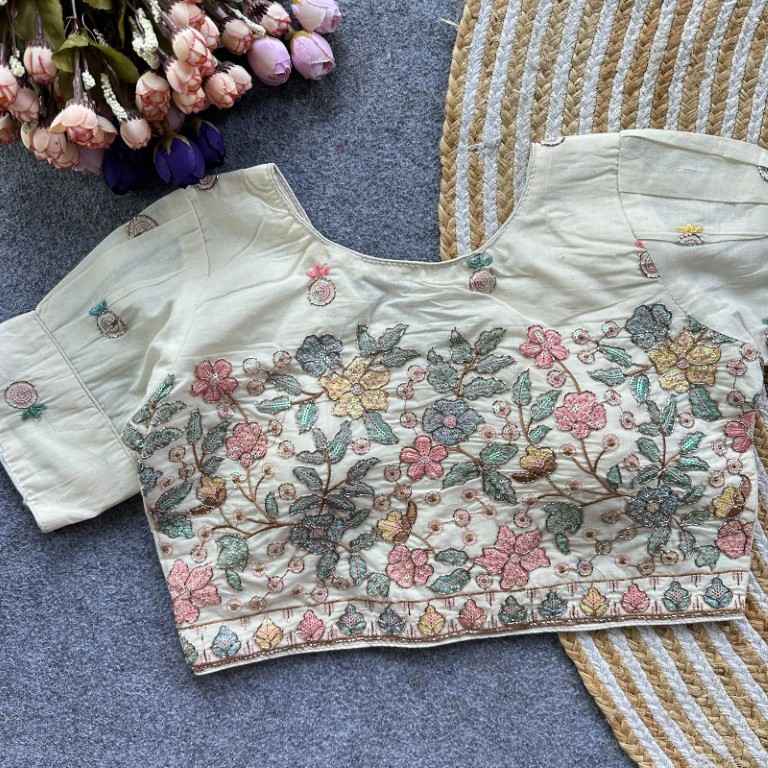PURE CAMRIC COTTON THREAD SEQUENCE EMBROIDERY WORK READYMADE BLOUSE 