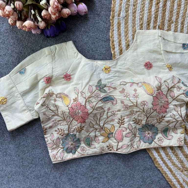 PURE CAMRIC COTTON THREAD SEQUENCE EMBROIDERY WORK READYMADE BLOUSE 