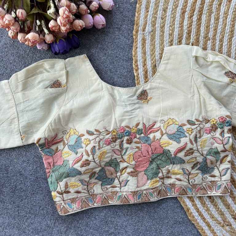 PURE CAMRIC COTTON THREAD SEQUENCE EMBROIDERY WORK READYMADE BLOUSE 