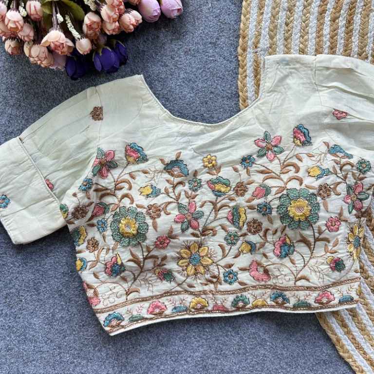 PURE CAMRIC COTTON THREAD SEQUENCE EMBROIDERY WORK READYMADE BLOUSE 