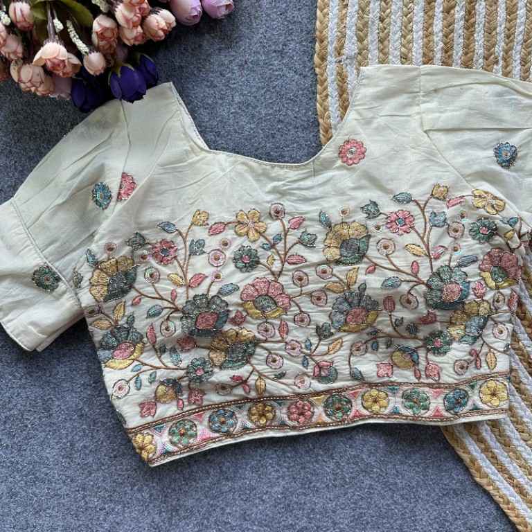 PURE CAMRIC COTTON THREAD SEQUENCE EMBROIDERY WORK READYMADE BLOUSE 