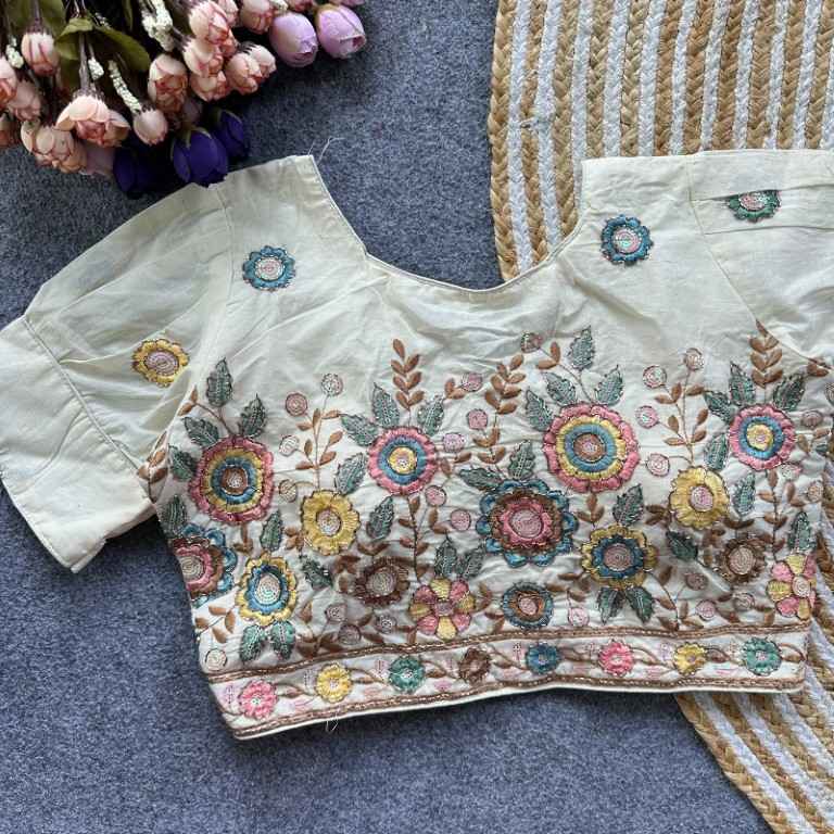 PURE CAMRIC COTTON THREAD SEQUENCE EMBROIDERY WORK READYMADE BLOUSE 