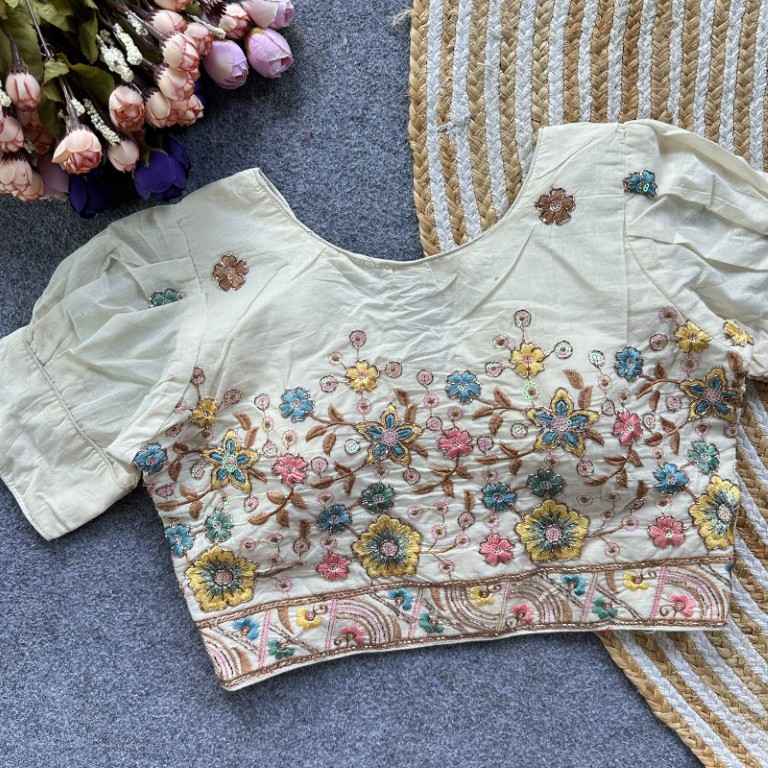 PURE CAMRIC COTTON THREAD SEQUENCE EMBROIDERY WORK READYMADE BLOUSE 