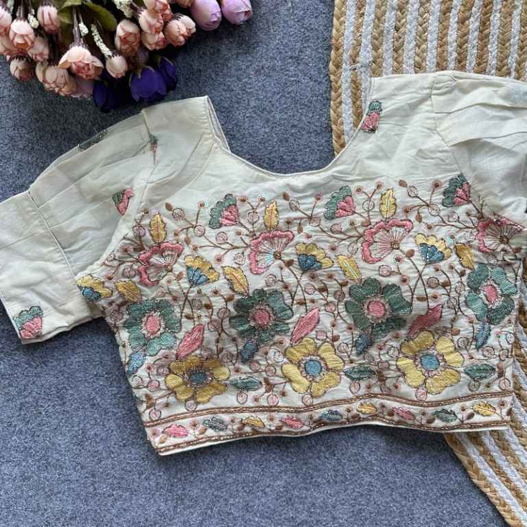 PURE CAMRIC COTTON THREAD SEQUENCE EMBROIDERY WORK READYMADE BLOUSE 