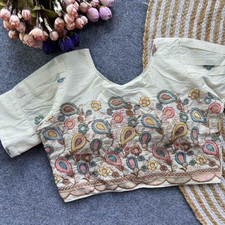 PURE CAMRIC COTTON THREAD SEQUENCE EMBROIDERY WORK READYMADE BLOUSE 