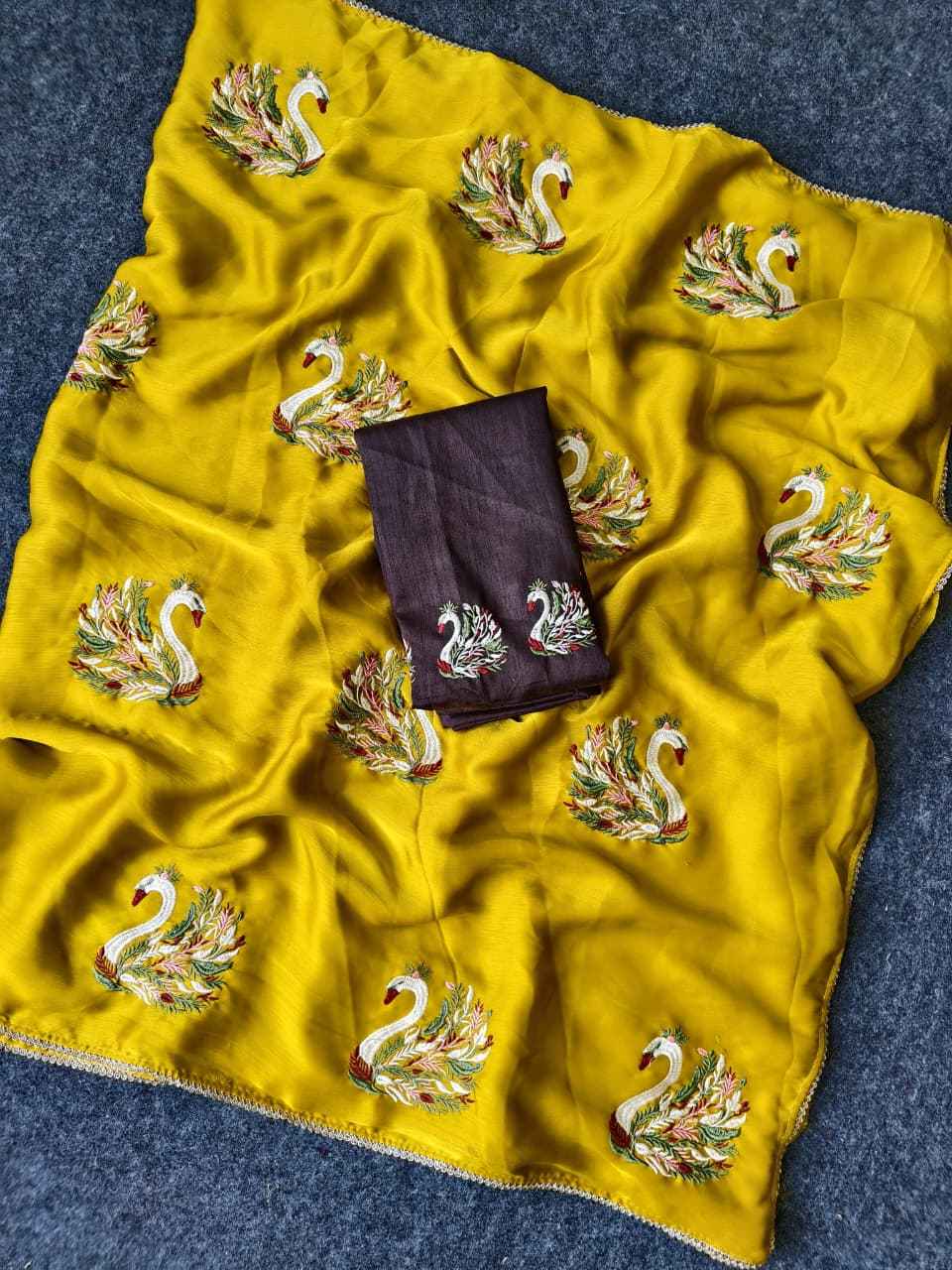 PURE GEORGETTE SAWAN EMBROIDED WORK DESIGNER SAREE