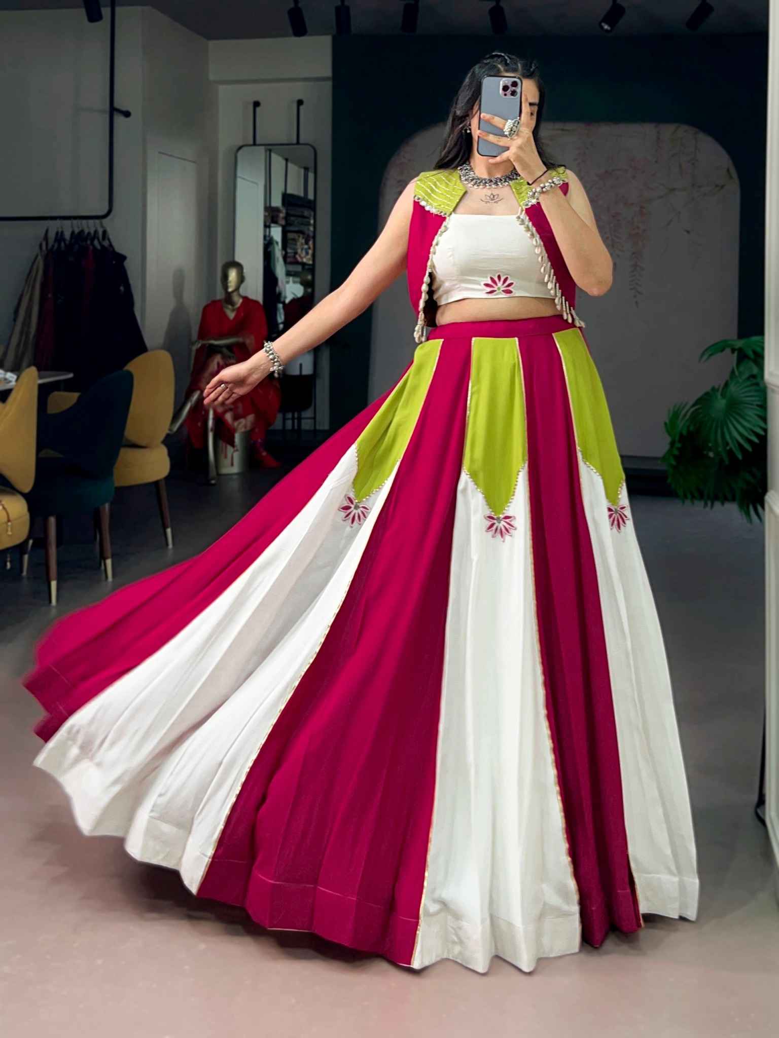 PURE RAYON CONTRAST PANEL DESIGNER NAVRATRI LEHENGA CHOLI