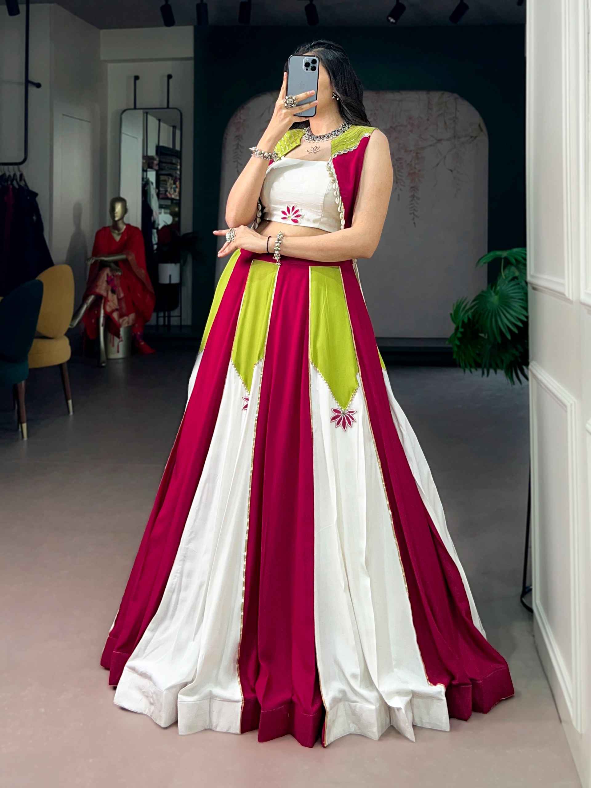 PURE RAYON CONTRAST PANEL DESIGNER NAVRATRI LEHENGA CHOLI
